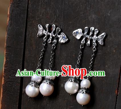 China Traditional Silver Jewelry National Fishbone Earrings Handmade Ear Accessories China Traditional Silver Jewelry National Fishbone Earrings Handmade Ear Accessories