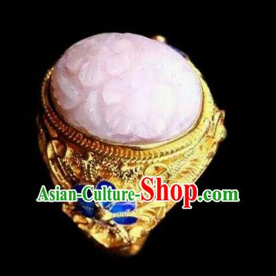 China Ancient Court Queen Carving pink Opal Ring Accessories Traditional Qing Dynasty Cloisonne Jewelry