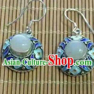 Handmade Chinese Qing Dynasty Cloisonne Earrings Jewelry Traditional Classical Cheongsam White Jade Ear Accessories