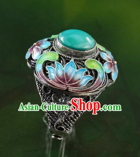 China Traditional Qing Dynasty Court Kallaite Jewelry Ancient Queen Cloisonne Lotus Ring Accessories