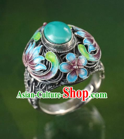 China Traditional Qing Dynasty Court Kallaite Jewelry Ancient Queen Cloisonne Lotus Ring Accessories