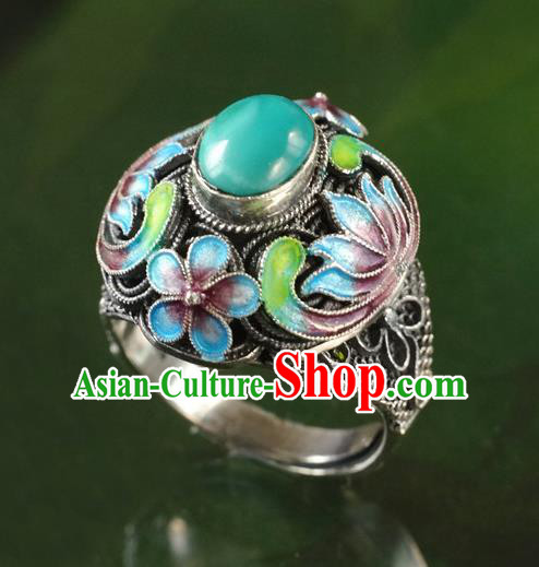 China Traditional Qing Dynasty Court Kallaite Jewelry Ancient Queen Cloisonne Lotus Ring Accessories