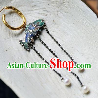 China Handmade Qing Dynasty Blueing Fish Ear Accessories Traditional National Jewelry Ancient Court Empress Pearls Tassel Earrings