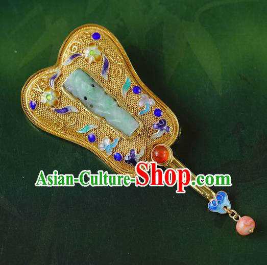 China Traditional Handmade Qing Dynasty Palace Golden Fan Brooch National Jade Breastpin Accessories China Traditional Handmade Qing Dynasty Palace Golden Fan Brooch National Jade Breastpin Accessories