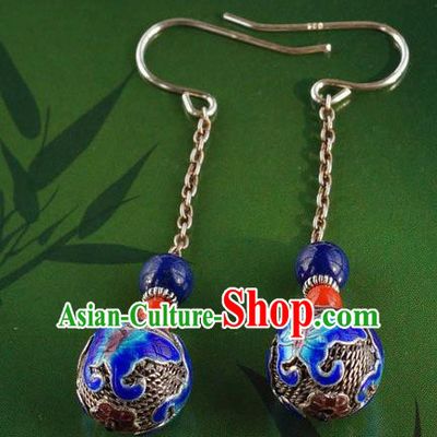 Handmade Chinese Ancient Empress Blueing Butterfly Ear Accessories Traditional Qing Dynasty Palace Silver Earrings Jewelry