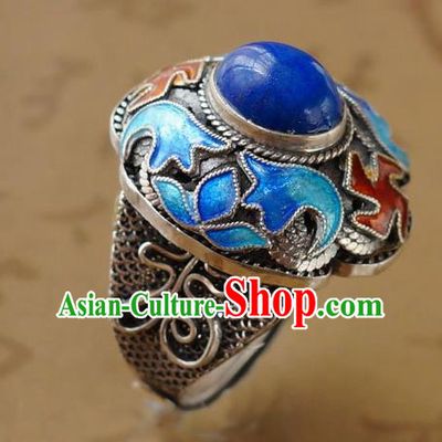 China Traditional Qing Dynasty Lapis Ring Accessories Ancient Court Woman Cloisonne Circlet Silver Jewelry