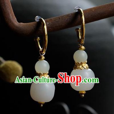 China Handmade Qing Dynasty Queen Ear Accessories National Court Earrings Traditional White Jade Jewelry