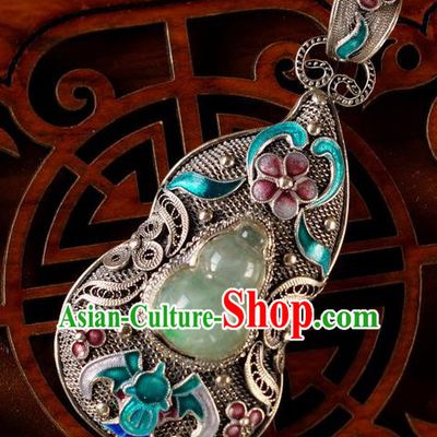 China Handmade Cloisonne Bat Necklace Pendant National Jade Gourd Silver Jewelry Traditional Accessories