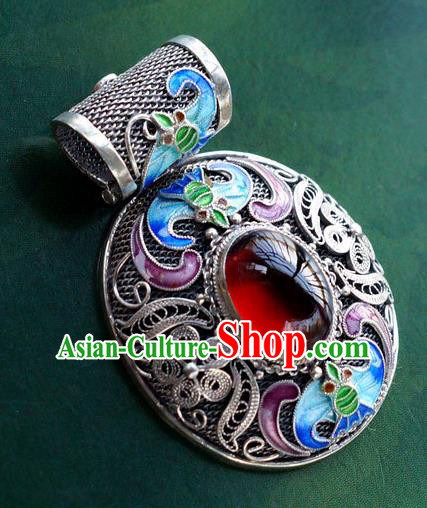 China Handmade Silver Necklace Pendant National Cloisonne Bat Jewelry Traditional Garnet Accessories