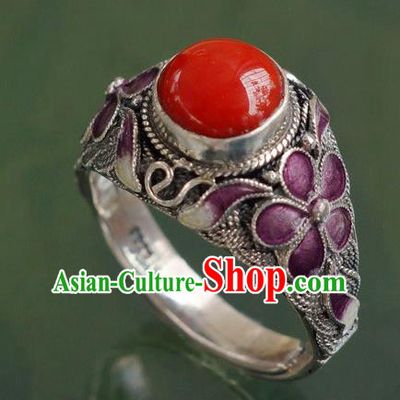 China Ancient Court Woman Cloisonne Purple Plum Circlet Silver Jewelry Traditional Qing Dynasty Ruby Ring Accessories