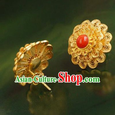Handmade Chinese Ancient Empress Golden Ear Accessories Traditional Qing Dynasty Palace Ruby Earrings Jewelry