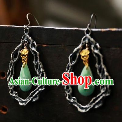 China National Silver Jewelry Traditional Ancient Qing Dynasty Palace Lady Earrings Handmade Jade Ear Accessories