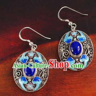 Handmade Chinese Traditional Qing Dynasty Palace Lapis Earrings Jewelry Ancient Empress Cloisonne Ear Accessories