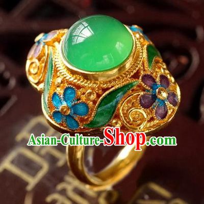 China Traditional Qing Dynasty Empress Circlet Jewelry Golden Ring Ancient Court Woman Chrysoprase Accessories