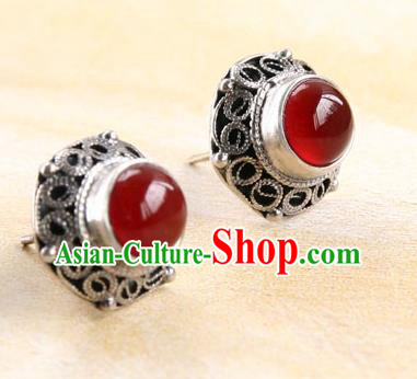 Handmade Silver Earrings Chinese Cheongsam Ear Accessories Traditional Carnelian Jewelry