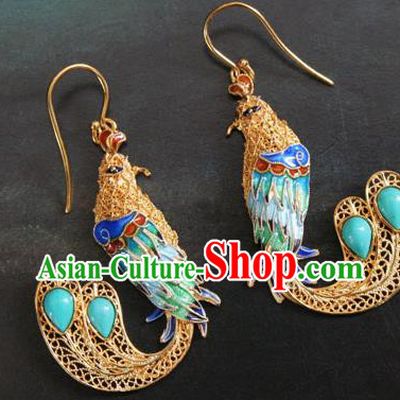 Handmade Cloisonne Phoenix Earrings Chinese Cheongsam Ear Accessories Traditional Kallaite Jewelry
