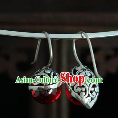Handmade Chinese Cheongsam Garnet Ear Accessories Traditional Silver Earrings Jewelry