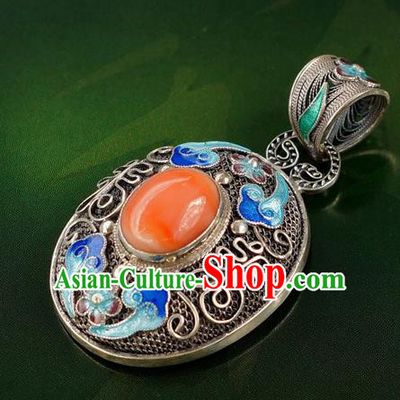 China Handmade Cloisonne Necklace Pendant National Ruby Jewelry Traditional Silver Accessories