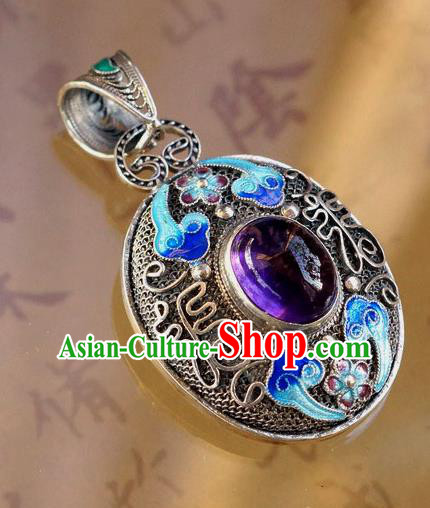 China Handmade Amethyst Silver Necklace Pendant Traditional National Jewelry Accessories China Handmade Amethyst Silver Necklace Pendant Traditional National Jewelry Accessories