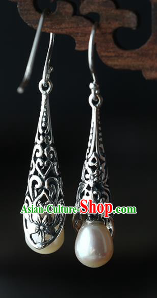 Handmade Chinese Ear Accessories Traditional Silver Carving Earrings Cheongsam Pearl Jewelry Handmade Chinese Ear Accessories Traditional Silver Carving Earrings Cheongsam Pearl Jewelry