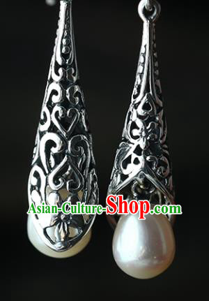 Handmade Chinese Ear Accessories Traditional Silver Carving Earrings Cheongsam Pearl Jewelry Handmade Chinese Ear Accessories Traditional Silver Carving Earrings Cheongsam Pearl Jewelry
