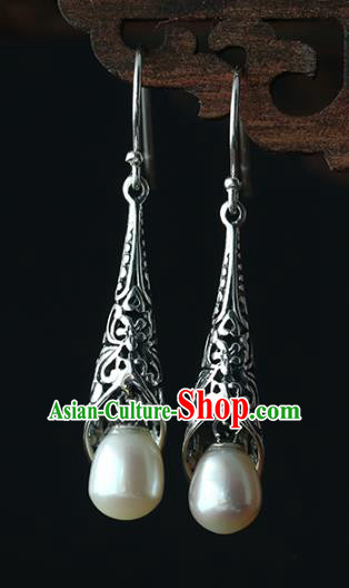 Handmade Chinese Ear Accessories Traditional Silver Carving Earrings Cheongsam Pearl Jewelry Handmade Chinese Ear Accessories Traditional Silver Carving Earrings Cheongsam Pearl Jewelry
