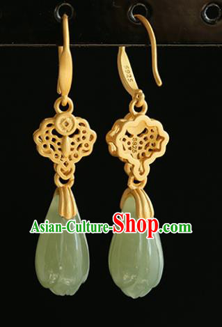 Handmade Chinese Traditional Cheongsam Golden Earrings Jewelry Jade Mangnolia Ear Accessories Handmade Chinese Traditional Cheongsam Golden Earrings Jewelry Jade Mangnolia Ear Accessories