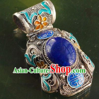 China Traditional National Jewelry Court Accessories Handmade Lapis Silver Necklace Pendant