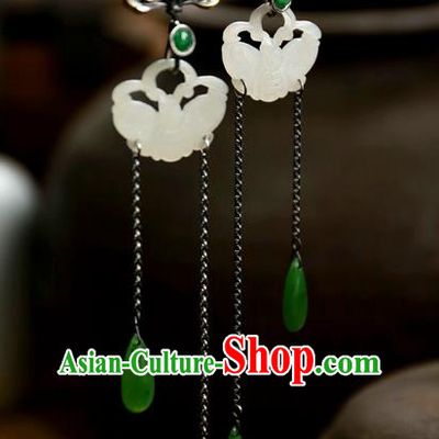 China National Jewelry Handmade Carving Lotus Ear Accessories Traditional Ancient Qing Dynasty White Jade Butterfly Earrings