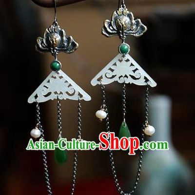 China National Jewelry Traditional Ancient Qing Dynasty White Jade Earrings Handmade Carving Lotus Ear Accessories