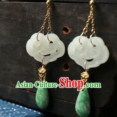 China White Jade Cloud National Jewelry Traditional Ancient Qing Dynasty Earrings Handmade Ear Accessories