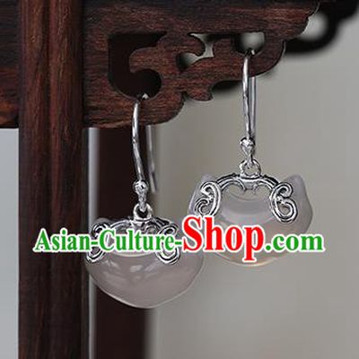 Handmade Chinese Cheongsam White Chalcedony Earrings Traditional Accessories Silver Ear Jewelry