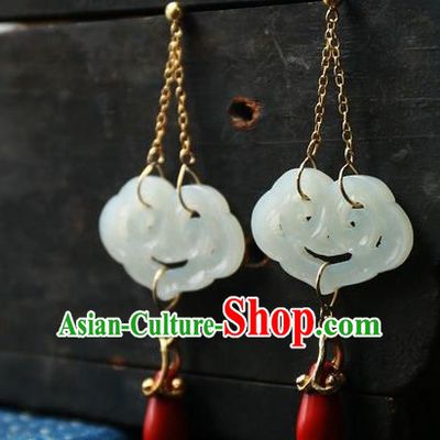 China Traditional Ancient Qing Dynasty Earrings Handmade Ear Accessories White Jade Cloud National Jewelry