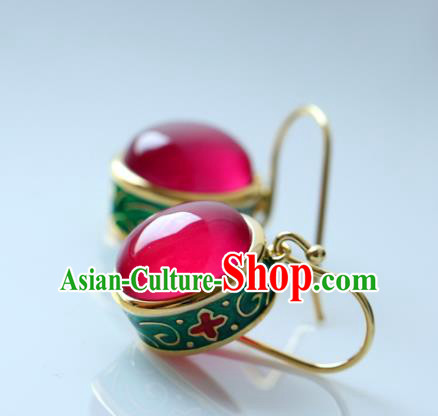 Handmade Chinese Enamel Earrings Traditional Ear Jewelry Red Corundum Accessories Handmade Chinese Enamel Earrings Traditional Ear Jewelry Red Corundum Accessories