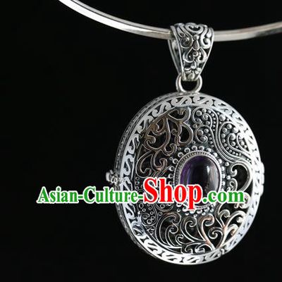 China Handmade Amethyst Necklace Pendant Classical Accessories Traditional National Silver Carving Necklet Jewelry