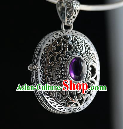 China Handmade Amethyst Necklace Pendant Classical Accessories Traditional National Silver Carving Necklet Jewelry