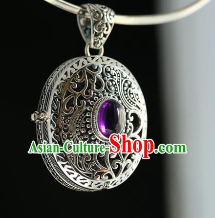 China Handmade Amethyst Necklace Pendant Classical Accessories Traditional National Silver Carving Necklet Jewelry