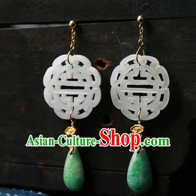 China National Wedding Jewelry Ancient Qing Dynasty Earrings Traditional Handmade White Jade Ear Accessories