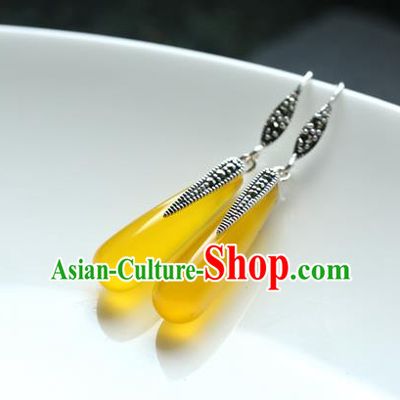Handmade Chinese Traditional Canary Stone Ear Jewelry Classical Cheongsam Silver Bamboo Leaf Earrings Eardrop Accessories