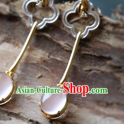 Handmade Chinese Pink Chalcedony Eardrop Accessories Classical Cheongsam Earrings Traditional Rose Quartz Ear Jewelry