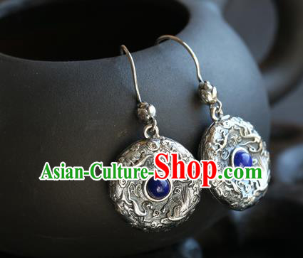 Handmade Chinese Traditional Silver Carving Ear Jewelry Classical Cheongsam Earrings Lapis Eardrop Accessories Handmade Chinese Traditional Silver Carving Ear Jewelry Classical Cheongsam Earrings Lapis Eardrop Accessories
