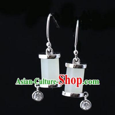 Handmade Chinese Silver Eardrop Accessories Classical Cheongsam Earrings Traditional Jade Ear Jewelry