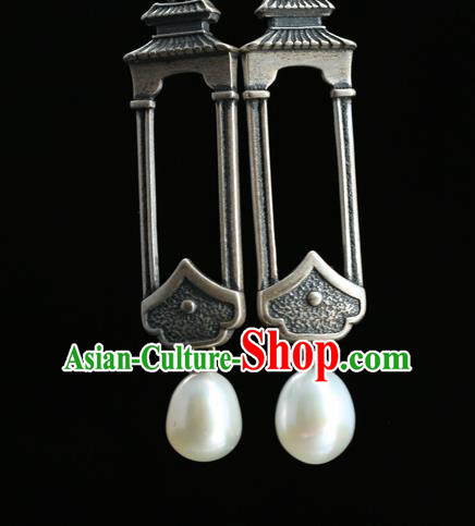 Handmade Chinese Traditional Pearl Ear Jewelry Eardrop Accessories Silver Carving Palace Earrings Handmade Chinese Traditional Pearl Ear Jewelry Eardrop Accessories Silver Carving Palace Earrings