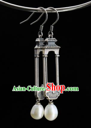 Handmade Chinese Traditional Pearl Ear Jewelry Eardrop Accessories Silver Carving Palace Earrings Handmade Chinese Traditional Pearl Ear Jewelry Eardrop Accessories Silver Carving Palace Earrings