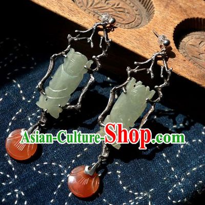 China Ancient Qing Dynasty Jade Carving Earrings Traditional Handmade Agate Ear Accessories National Wedding Jewelry