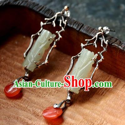 China Traditional Handmade Ear Accessories Ancient Qing Dynasty Earrings National Wedding Jade Carving Jewelry