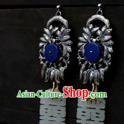 China National Wedding Jade Carving Jewelry Ancient Qing Dynasty Earrings Traditional Handmade Ear Accessories