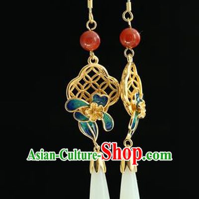 Handmade Chinese Traditional Hetian Jade Ear Jewelry Eardrop Accessories Palace Blueing Flower Earrings