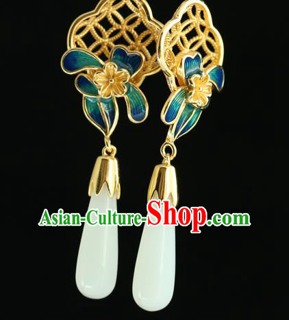 Handmade Chinese Traditional Hetian Jade Ear Jewelry Eardrop Accessories Palace Blueing Flower Earrings Handmade Chinese Traditional Hetian Jade Ear Jewelry Eardrop Accessories Palace Blueing Flower Earrings