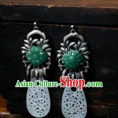 China National Wedding Silver Jewelry Ancient Qing Dynasty Earrings Traditional Handmade Jade Carving Ear Accessories